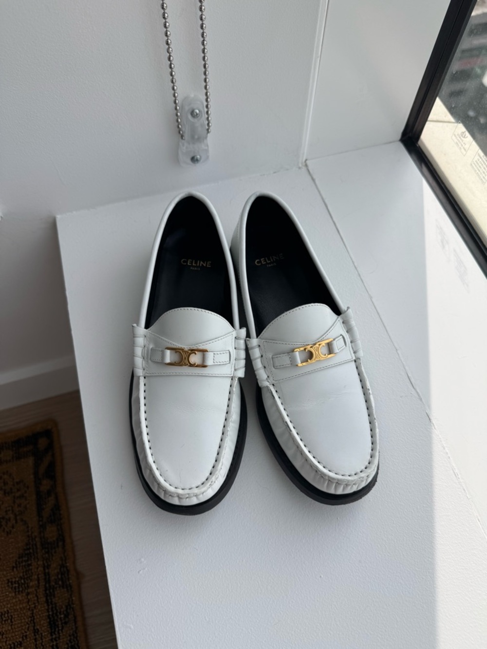 Celine White Leather Loafers with Gold Buckle